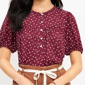 LOFT Monarch Angled Yoke Button Mixed Media Short Sleeve Top Burgundy size XL
